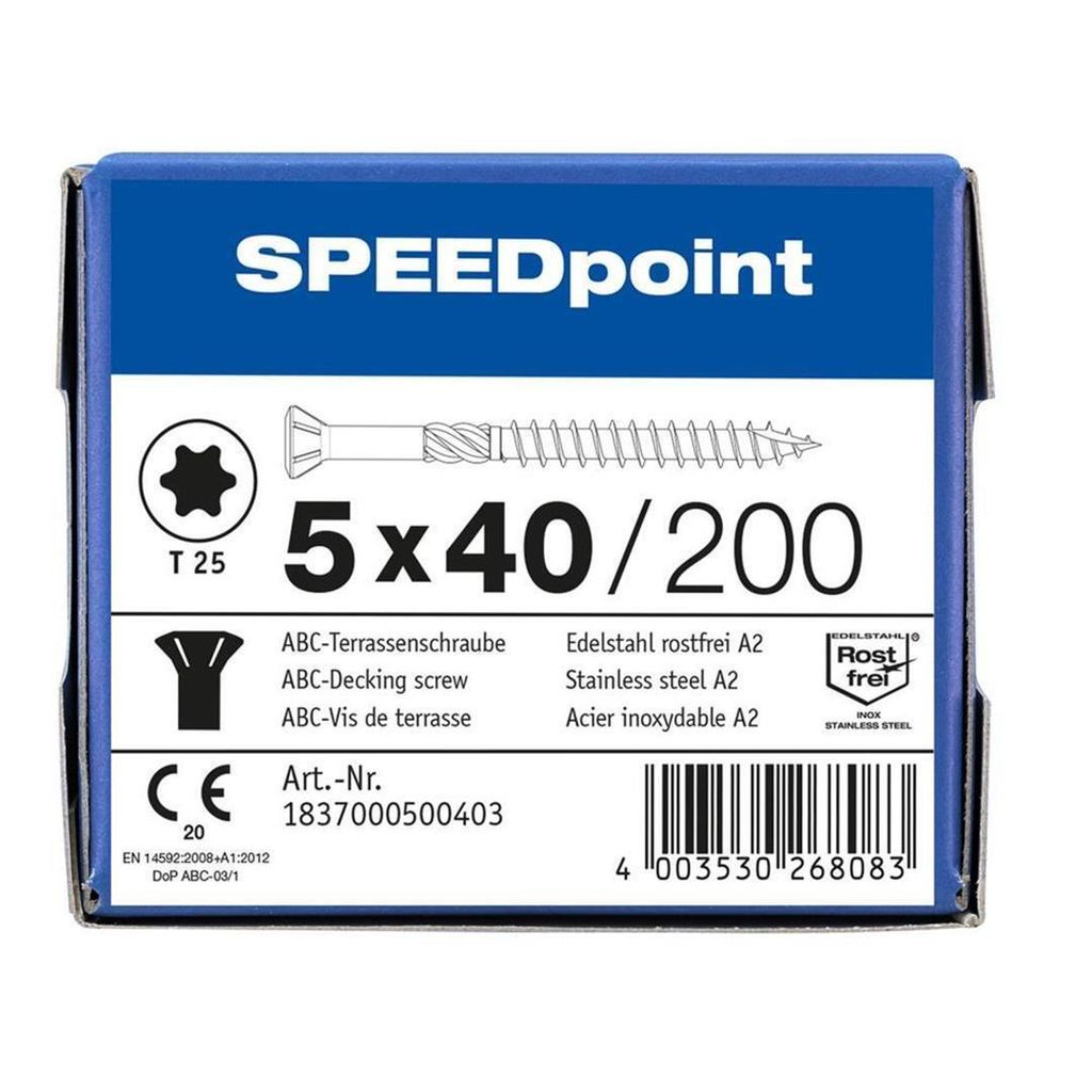 SPEEDpoint Terrassenschraube 5 x 40 mm - Linsensenkkopf - T-STAR T25 - Schabenut - Edelstahl rostfrei A2 - 200 Stk