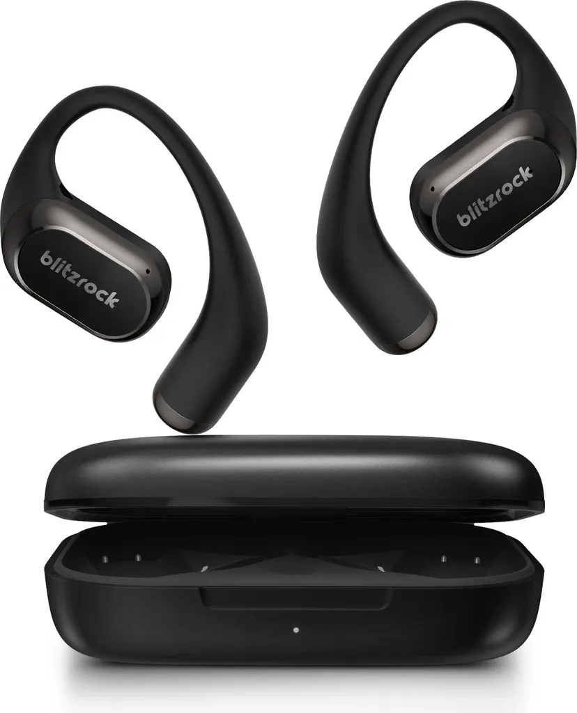 BlitzRock Open-Ear Bluetooth Kopfhörer 5.4, Open-Ear Design, KI-Klare Anrufe, 42h Akkulaufzeit, IPX5 wasserdicht, App-EQ, Sport On-Ear, Schwarz