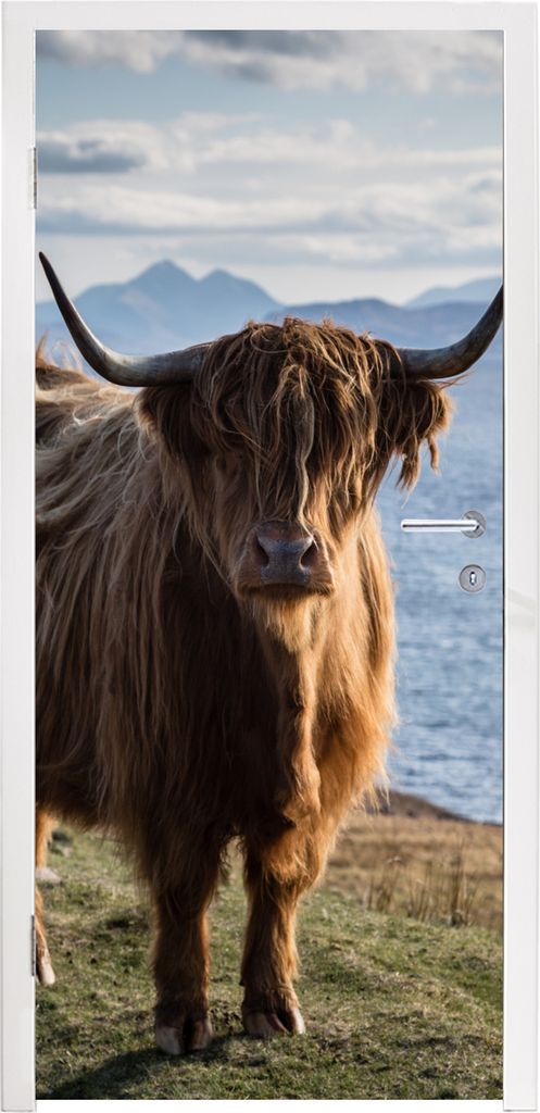 MuchoWow Türtapete Selbstklebende Türfolie Schottische Highlander - Bergen - Meer 90x215 cm Türposter Türaufkleber Klebefolie Türklebefolie ...