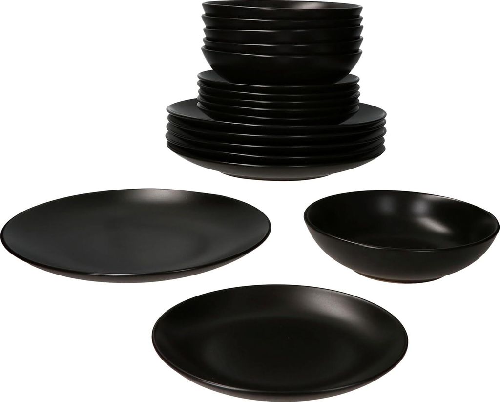 Moderne schwarze Bordenset für 6 Personen - 18-teiliges Set mit Suppen- und Tortenplatten