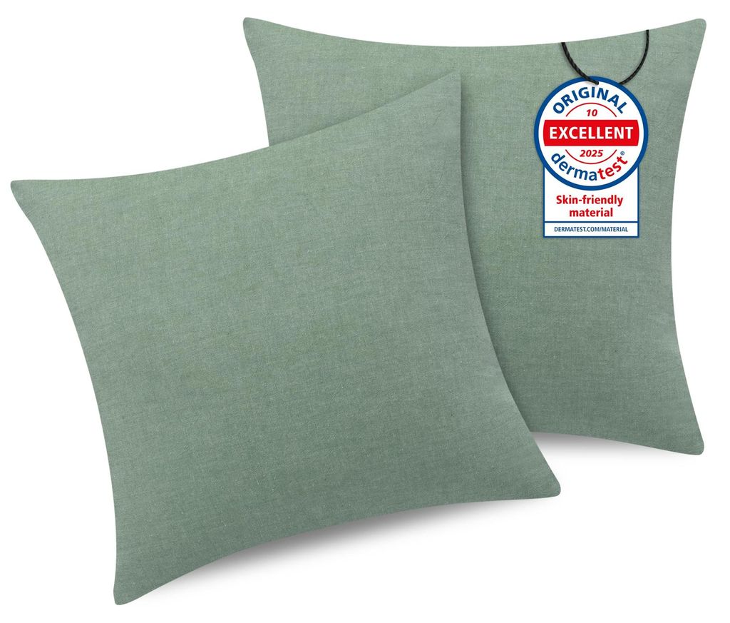 Set mit 2 Kissenbezügen 50x50 cm - 100% gewaschene Baumwolle, grün, mit Reißverschluss, , weich, formbeständig