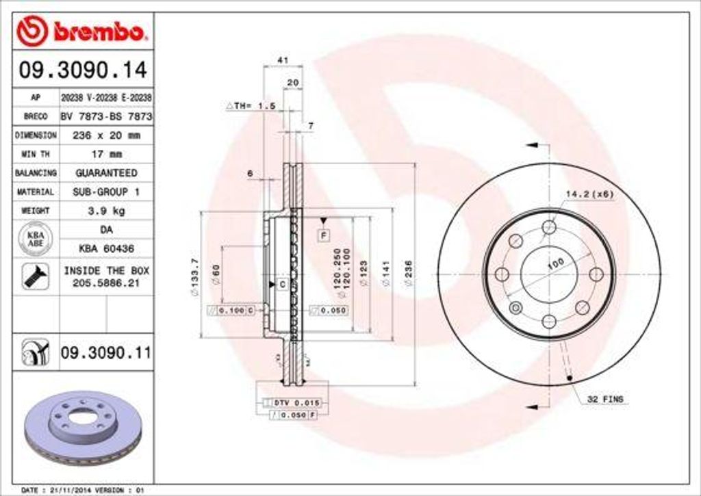 BREMBO 09.3090.11 Bremsscheibe OE 90121445 kompatibel mit Nexia, Lanos, Aveo