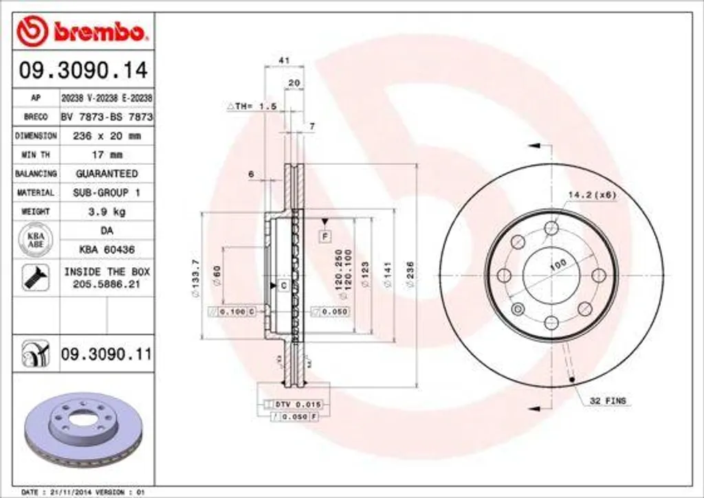 Paire de disques de frein ventilés Brembo 09.3090.11 pour Daewoo Nexia