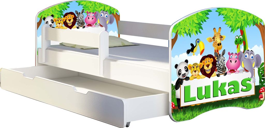 ACMA Jugendbett Kinderbett Junior-Bett Komplett-Set mit Matratze Lattenrost und Rausfallschutz Weiß 01 Zoo Name 160x80 + Bettkasten