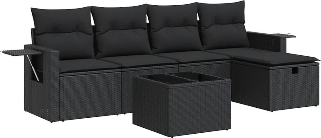 vidaXL 6-tlg. Garten-Sofagarnitur mit Kissen Schwarz Poly Rattan