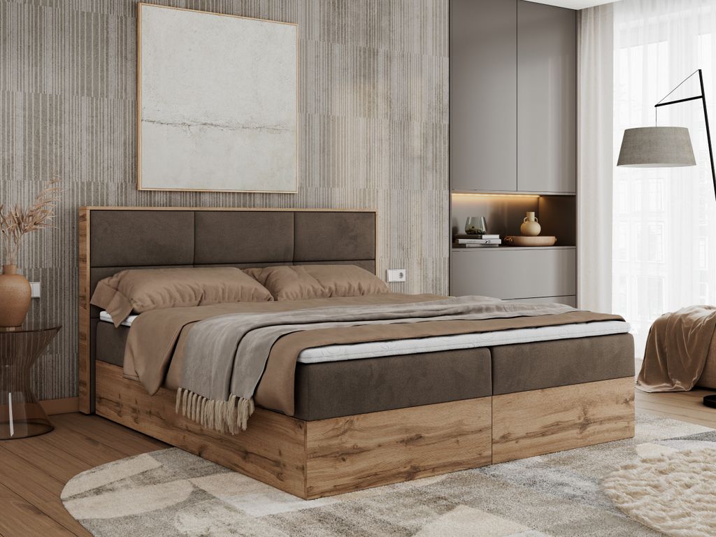 Boxspringbett, Doppelbett mit bettkasten und Multipocket-Matratze, Polsterbett mit Kopfteil, Eiche Holzrahmen - Albero-2 - 160x200cm - Braun Velvet...