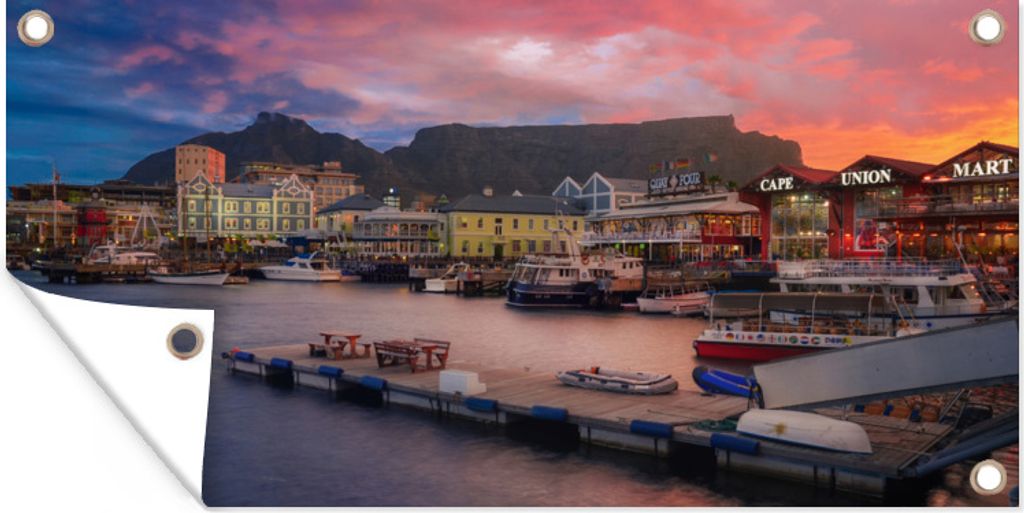 MuchoWow 80x40 cm Outdoor-Poster Gartendeko Sichtschutz Garten Poster für den Garten Feuriger Sonnenuntergang hinter dem Tafelberg und über Ka...