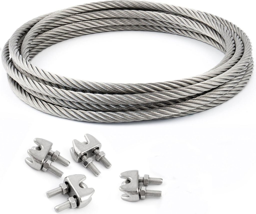 DRAHTSEIL EDELSTAHL + 4 SEILKLEMMEN 6mm 5 Meter 7x7 Edelstahlseil Seil Stahlseil