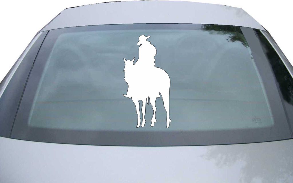 Indigos UG - Aufkleber Heckscheibe & Motorklappe DE2568 - weiß - 600x311 mm - Cowboy Reiter - Auto Scheiben Fenster Heckklappe Tuning Racing JDM -...