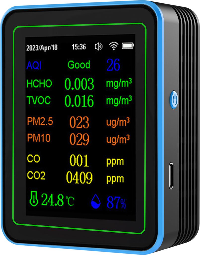 WiFi 12-in-1-Luftqualitaetsdetektor, Kohlendioxiddetektor mit Zeit-/Datumsanzeige, AQI PM2.5 PM10, HCHO TVOC CO CO2, Temperatur- und Feuchtigkeitsm...