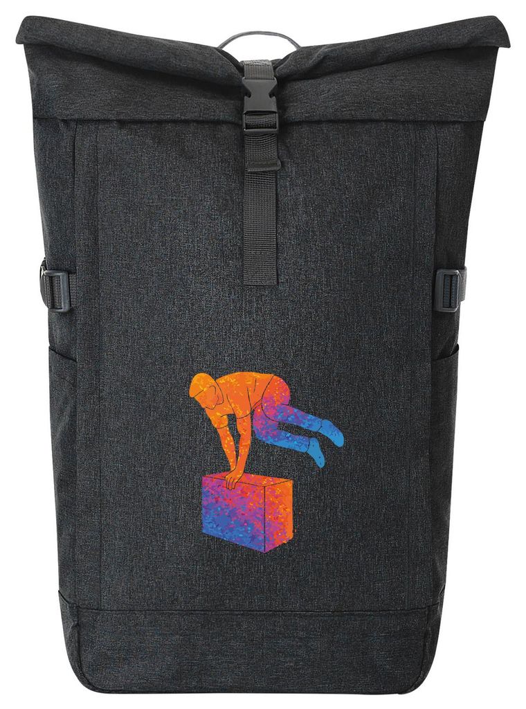 Huuraa Kurierrucksack Parkour Freerunning bunte Silhouette 30-44 Liter Black Melange Fairtrade Rolltop Rucksack Geschenkidee