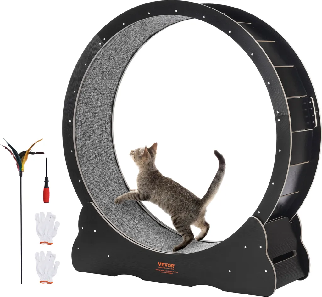 VEVOR Roue d'Exercice pour Chat en Bois Noir 110 cm avec Tapis Amovible