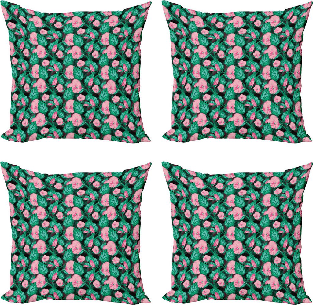 ABAKUHAUS Tropisch Kissenbezug Set (4 Stück), Anordnung von Laub, Moderner Doppelseitiger Digitaldruck, 50 cm x 50 cm, Hellrosa und Meergrün