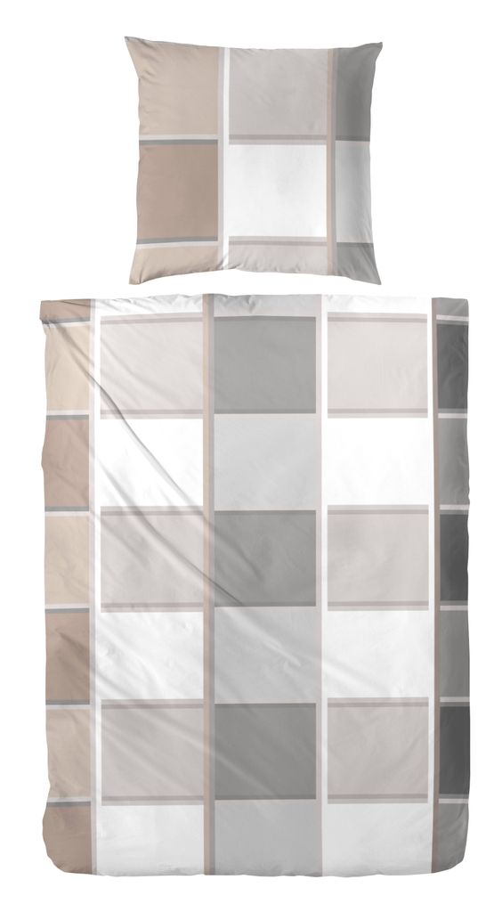 A flat lay of a pillowcase and duvet cover with a checkered pattern.