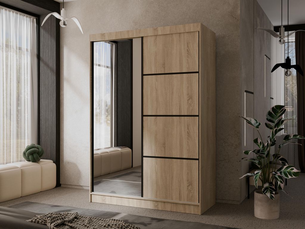 Modern Kleiderschrank mit Spiegel Matteo II 150 cm Spiegelschrank mit 2 Schiebetüren weiß Schrank Garderobenschrank, Farbe: Eiche Sonoma, Schwarz...