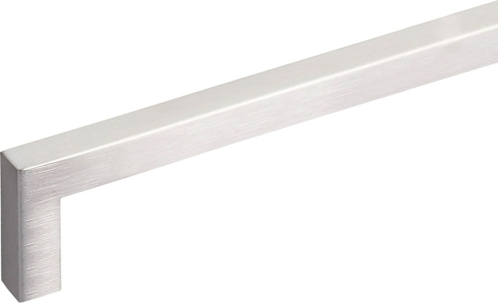A close-up, angled view of a single, brushed stainless steel cabinet handle.