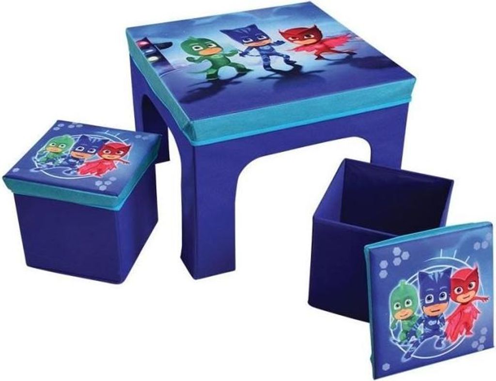 Kindertisch mit 2 Hockern, Fun House Pyjamasques Design, MDF, Tisch H.40 x L.50 x P50 cm, Hocker H.30 x L.30 x P.30 cm, Faltbare Aufbewahrung
