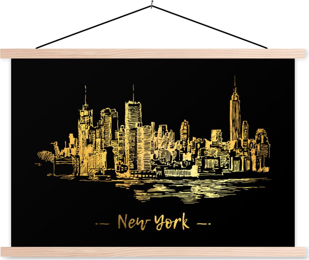MuchoWow Textilposter New York - Skyline - Gold 60x40 cm mit holzfarbenen Rahmen - Bilder