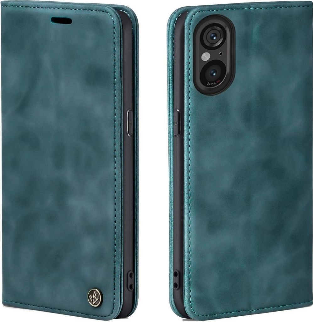 A teal flip-style phone case for a Sony Xperia 5 V is shown from two angles.