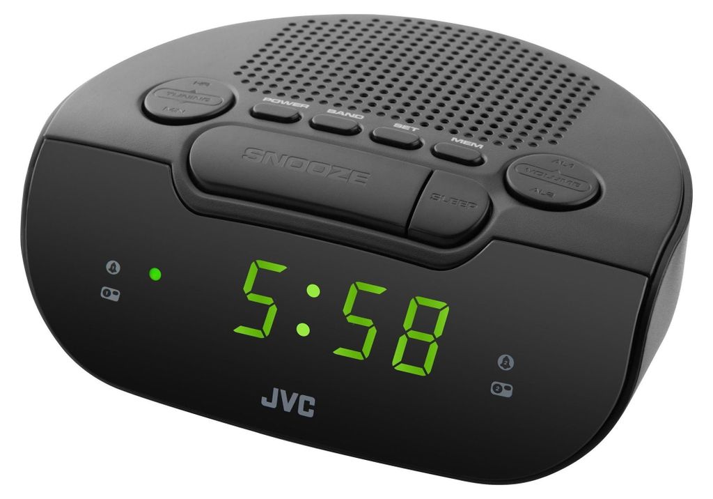 A black JVC alarm clock radio with a digital display.