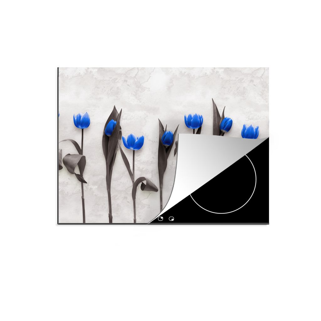 KitchenYeah Herdabdeckplatte Blumen - Tulpen - Blau , 60x52cm, Küche Deko, Glaskeramikkochfeld Herdabdeckung, Abdeckplatte fùr Kochfeld
