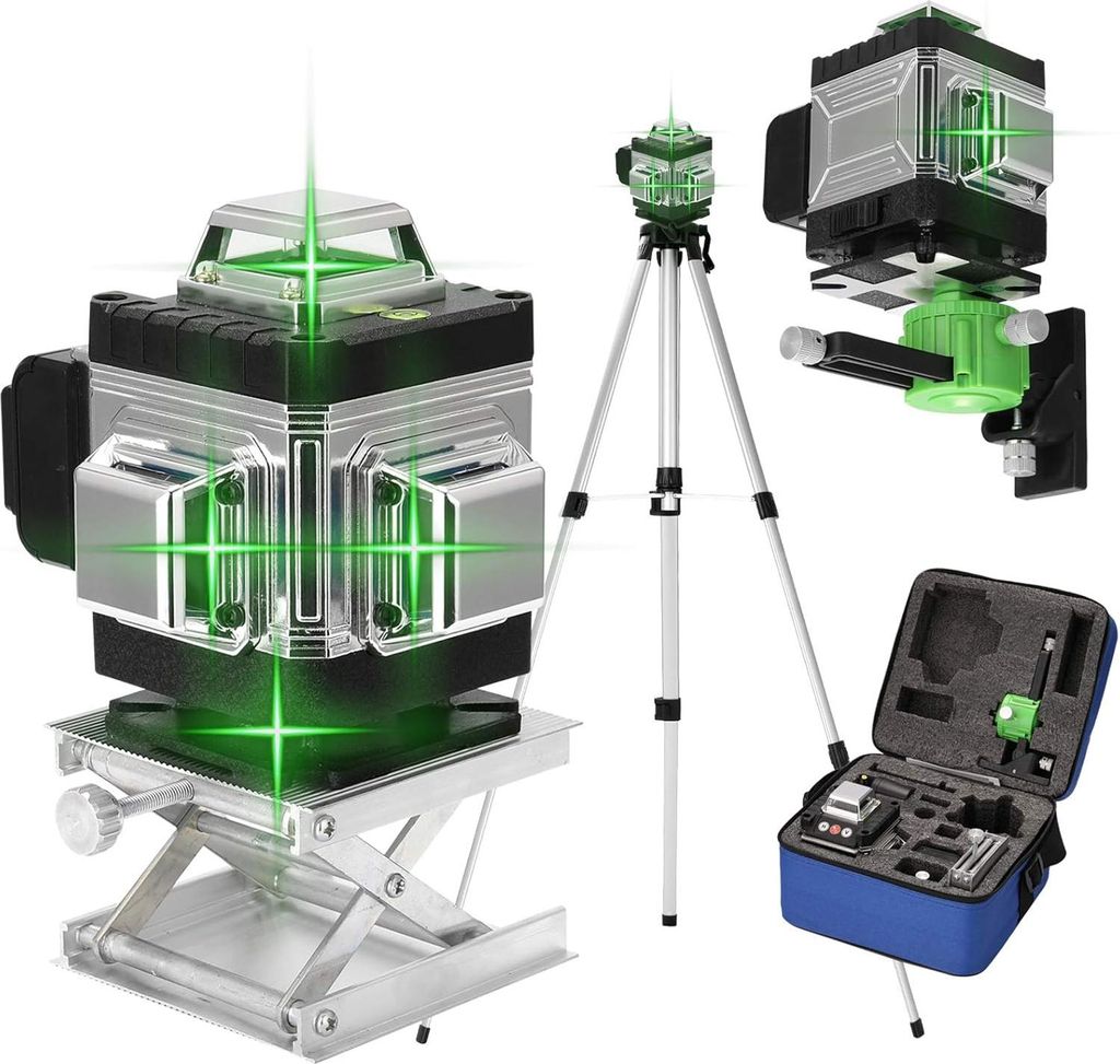 360¡ã-Laserwasserwaage, 4D 16 Linien 3¡ã selbstnivellierende Laserwasserwaage mit Batterie, Hebeplattform, Stativ und Fernbedienung.