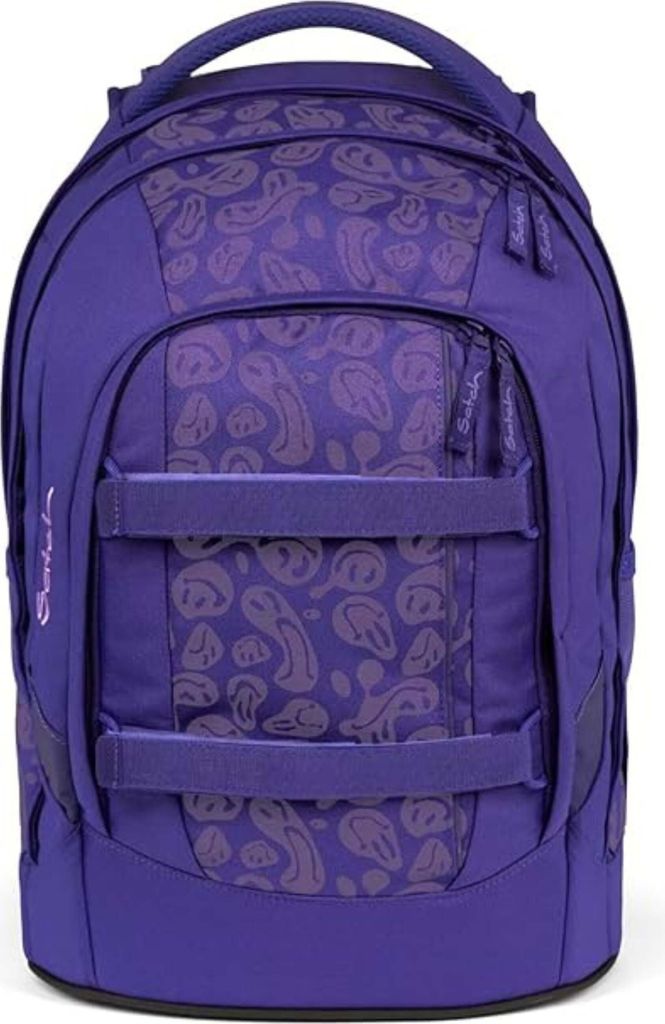 A purple backpack with a paisley-like pattern.