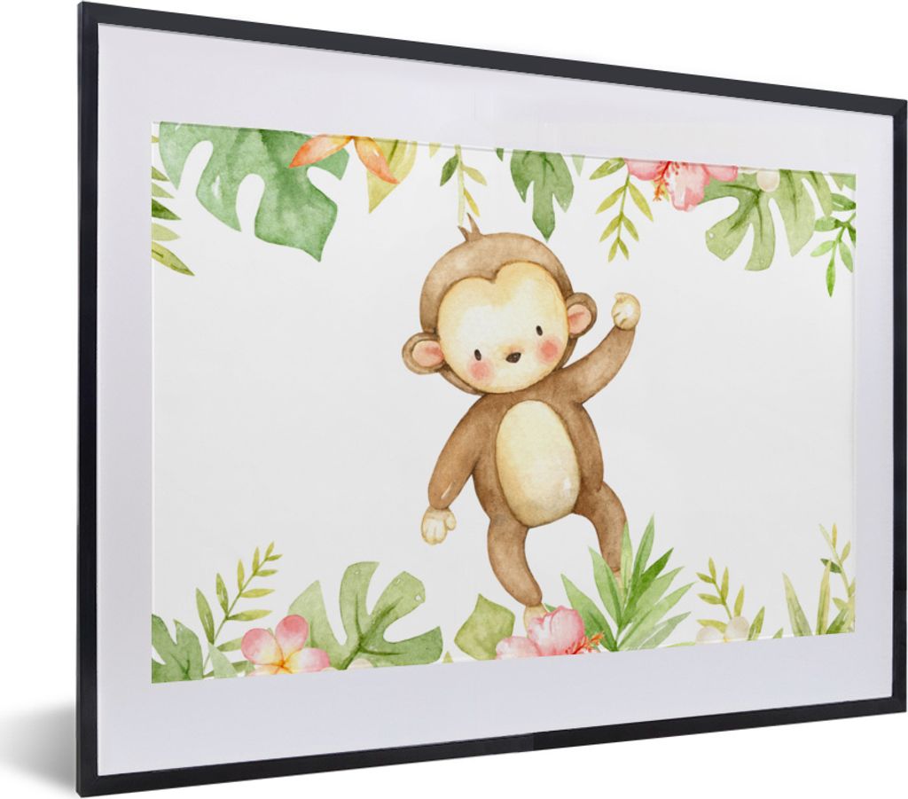 MuchoWow MuchoWow Gerahmtes Poster Affe - Dschungel - Aquarell 40x30 cm - Poster mit zchwarzem Bilderrahmen - Bilderrahmen - Poster im Rahmen