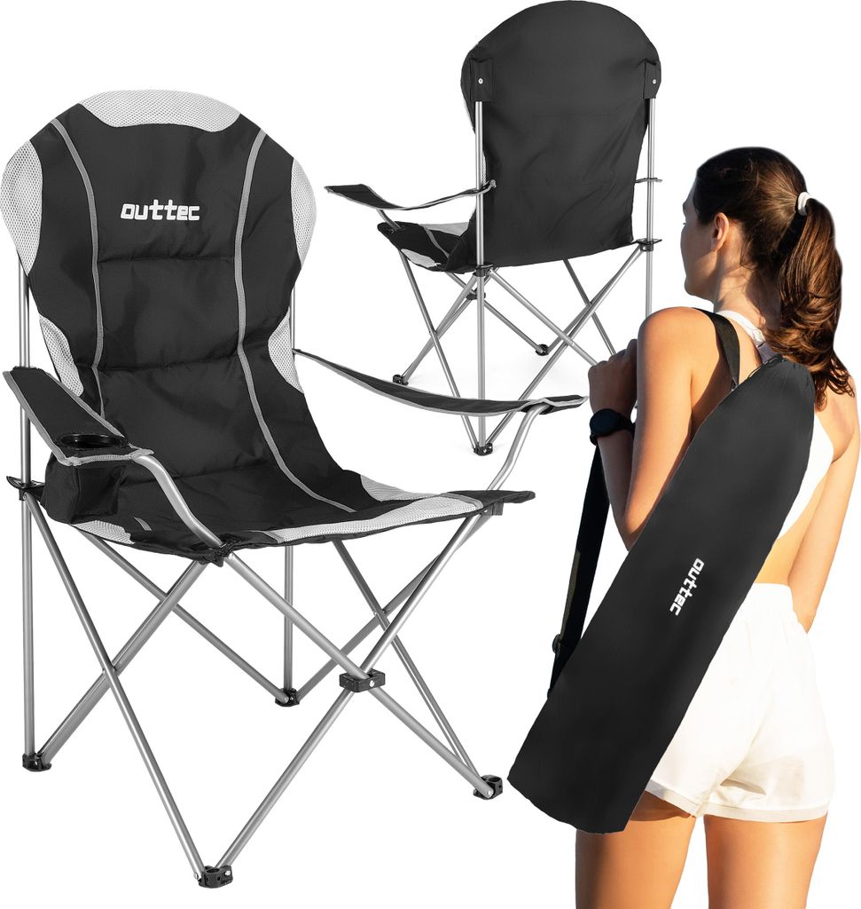 Outtec Campingstuhl - bis 130 kg - Getränkehalter & Tragetasche - Angelstuhl, Klappstuhl, Faltbar Stuhl, Gartenstuhl, Leicht Camping Stuhl, Strand...
