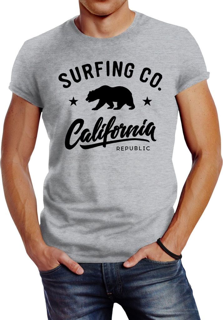 Herren T-Shirt California Republic Bear Bär Sommer Surfing Slim Fit Neverless grau XL