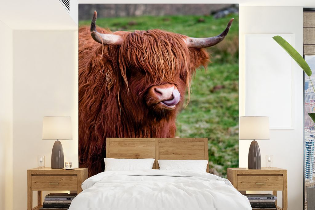 MuchoWow Fototapete für Wohnzimmer oder Schlafzimmer Wandtapete Vinyl Motivtapete Schottischer Highlander - Porträt - Schottische Kuh - 160x220...