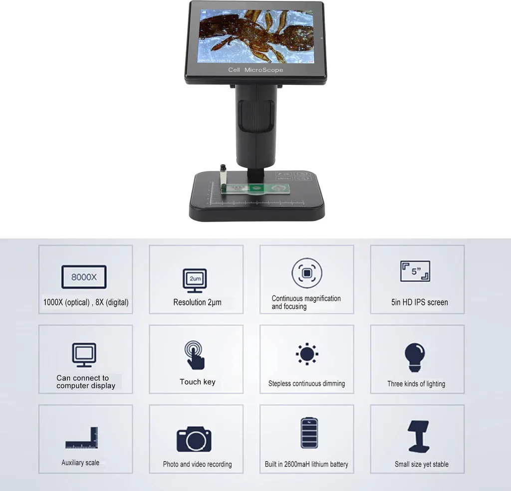 Microscope 1000x écran IPS 5 pouces avec 3 modes d'éclairage LED réglables - 5