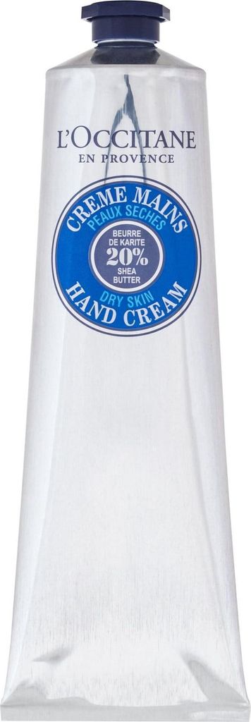 A close-up studio shot of a L'Occitane Shea Butter Hand Cream tube.