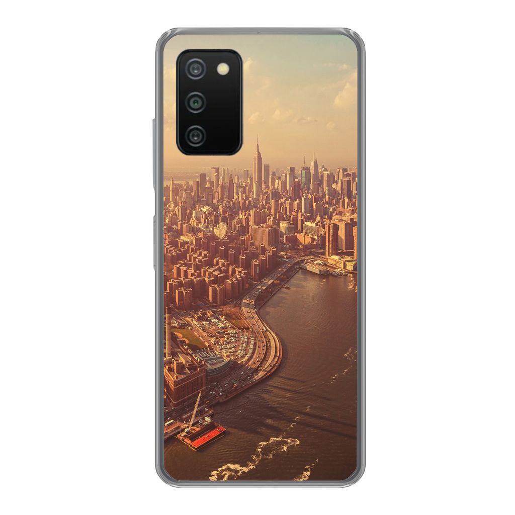 MuchoWow Handyhülle Schutzhülle Hülle für Samsung Galaxy A03s New York - Skyline - Gold Silikon Softcase Handy Hülle - Schutz