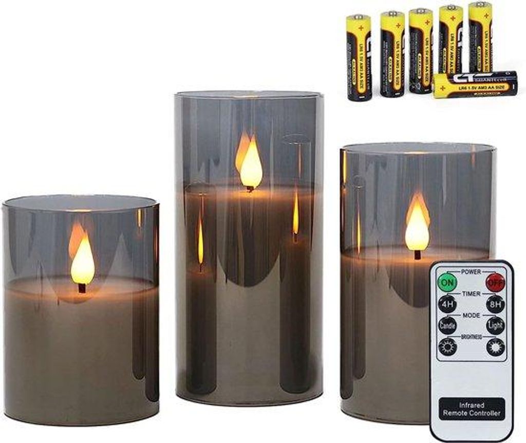 Glas vlamloze kaarsen, 3-glazen windlicht mit Fernbedienung und Timer, warmes Weißlicht, Batterien inklusive
