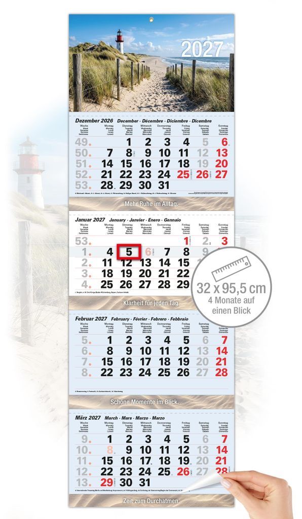 4 Monatskalender 2027 Nordsee Leuchtturm Strand 32x95,5 cm Produktbild 