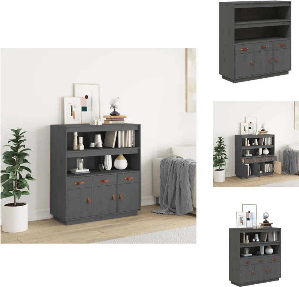 Rangement Salon Highboard Gris 100 cm Pin Massif Gain de Place vidaXL