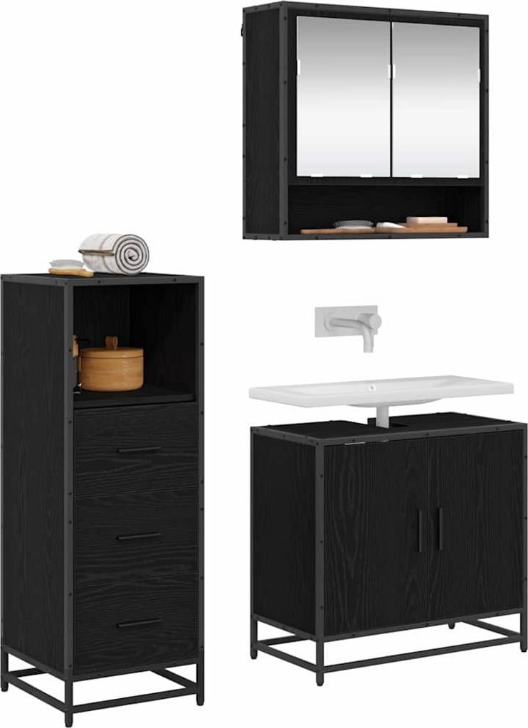 “2026 Modern“ Badezimmermöbel-Set 3 pcs - Montage erforderlich - Schwarz Eichen-Optik Holzwerkstoff - Designermöbel 518338 - Badezimmerschränke