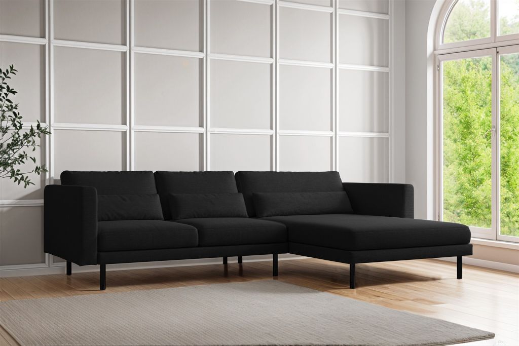 Ecksofa Designersofa AGADA in Stoff Verita Schwarz Ottomane Rechts