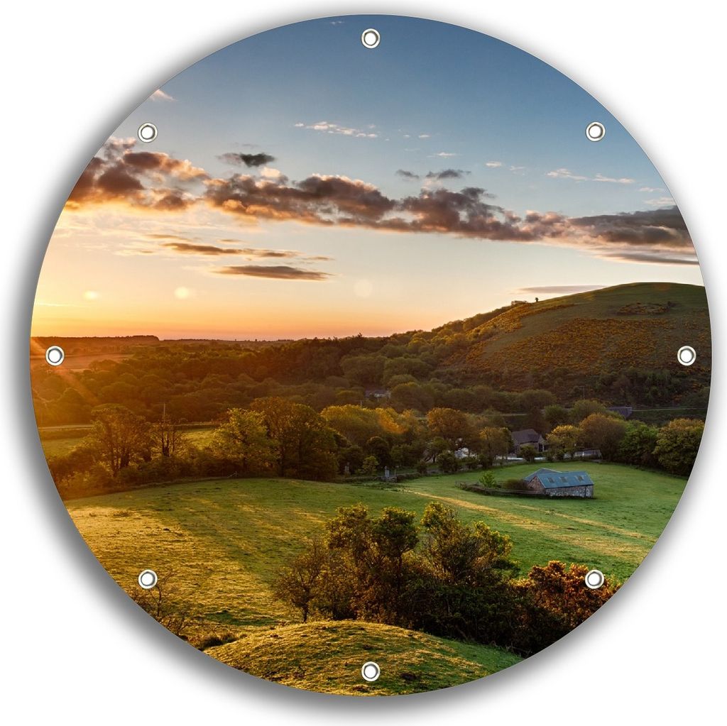 Wallario rundes Outdoor-Poster für Garten oder Balkon, Motiv Schlosspanorama in England bei Sonnenaufgang, 30 cm Durchmesser