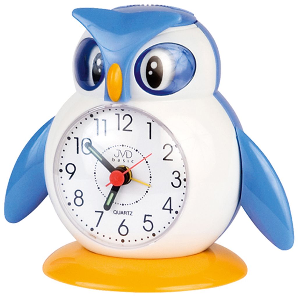 A close-up studio shot of a blue and white owl-shaped alarm clock with a yellow base.