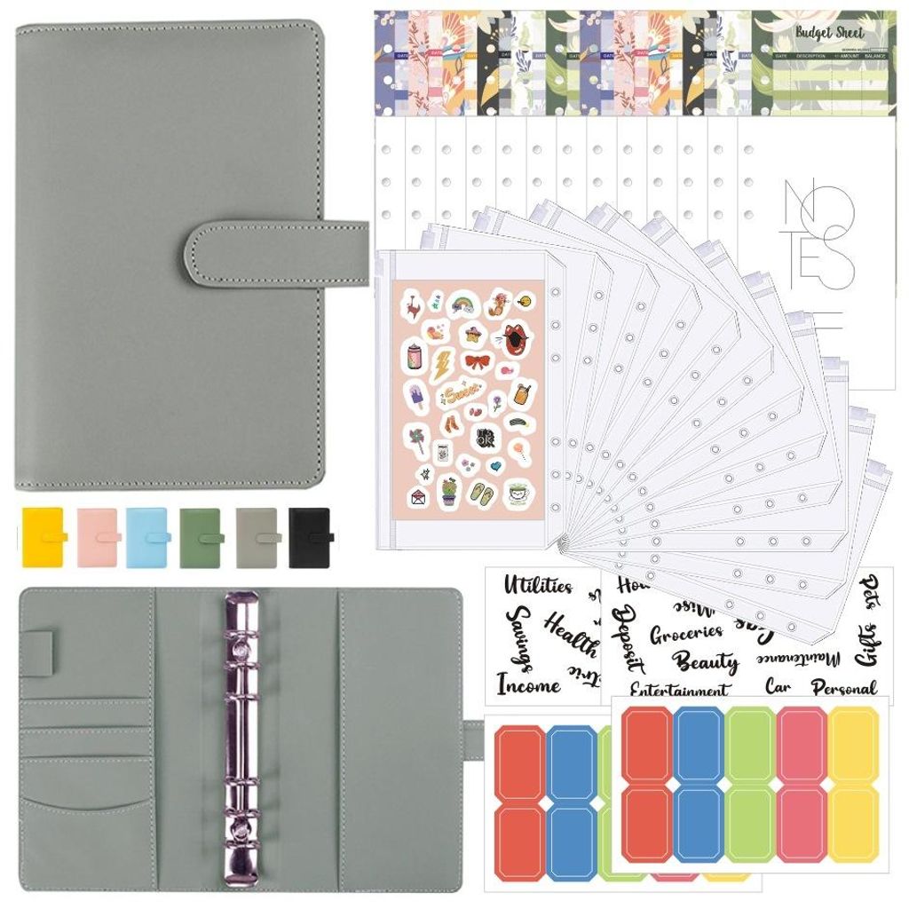 A6 Ringbuch Planer, Budget Organizer, Reißverschlusstasche, Kunstleder Cover, Grau