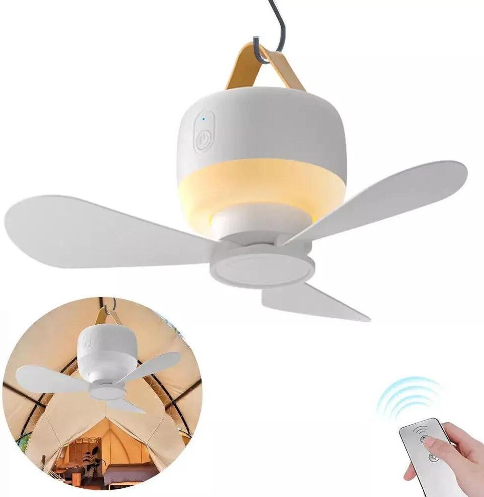 Camping Ventilator - Zelt-Deckenventilator mit LED-Licht - USB wiederaufladbar - 3 Geschwindigkeiten - Tragbar zum Aufhängen - Für draußen