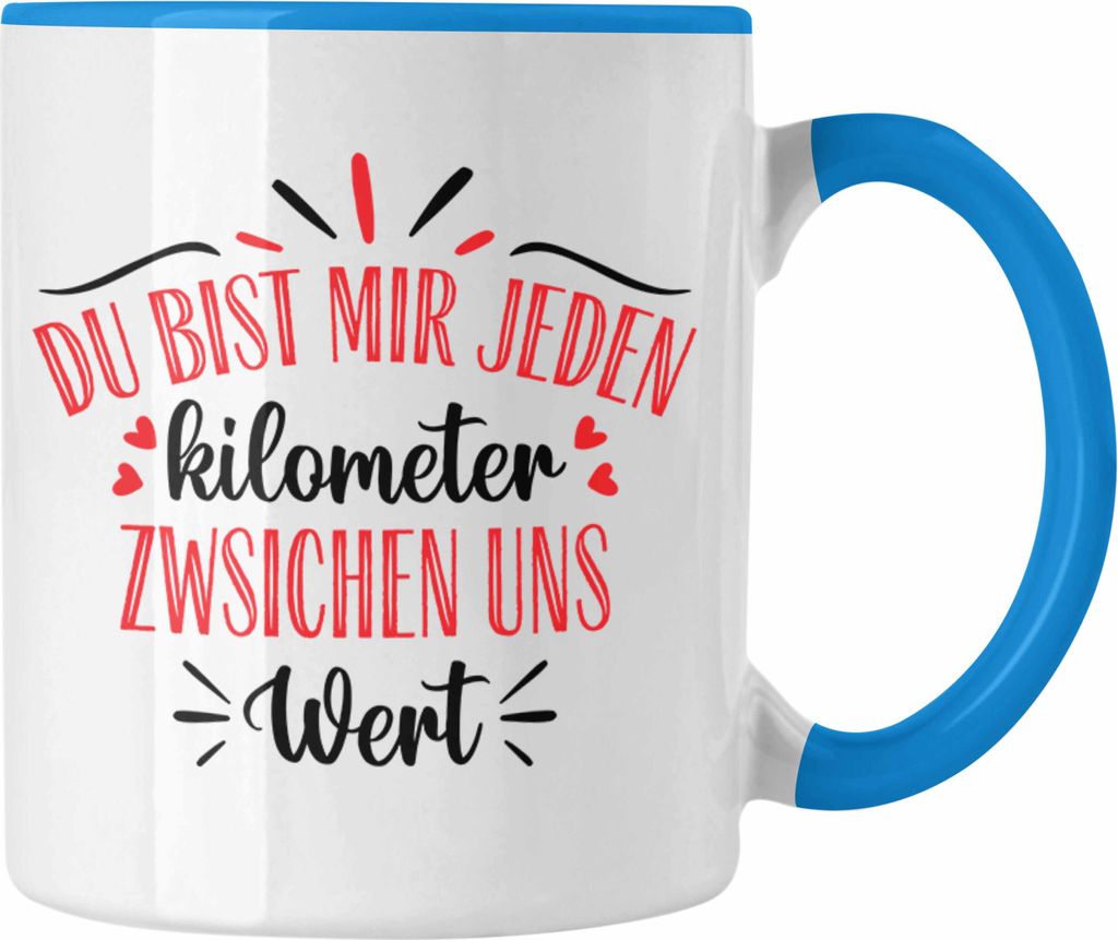 Trendation - Fernbeziehung Geschenk für Ihn Sie Tasse mit Spruch Valentinstag Geburtstag Geschenk Freund (Blau)
