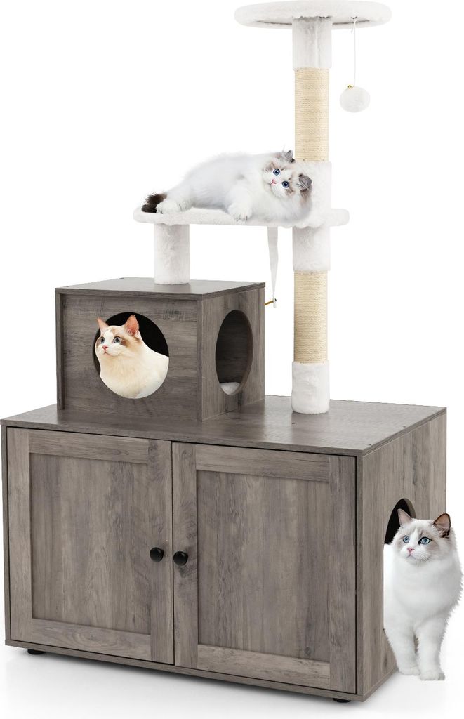 GOPLUS Katzenbaum mit Katzentoiletten, 2-in-1 Moderner Kratzbaum mit Katzenhaus, Kuscheliger Plattform, Sisal-Kratzpfosten, Grau