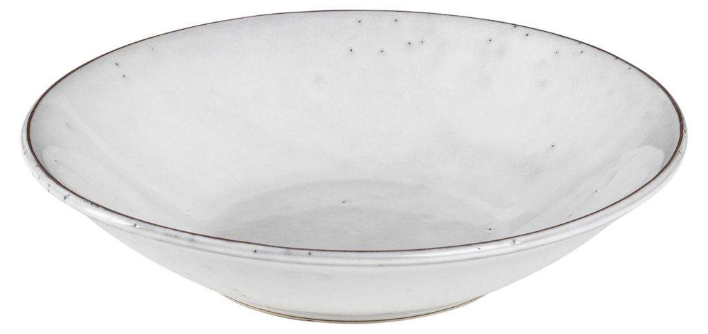 A white ceramic bowl with a speckled pattern and a dark rim.
