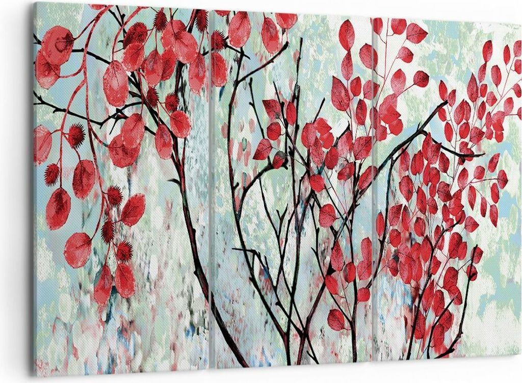 Bild auf Leinwand - Leinwandbild - 3 Teile - Rot Blätter Zweige - 105x70cm - Wand Bild - Wanddeko - Wandbilder - Leinwanddruck - Bilder - Wanddeko...