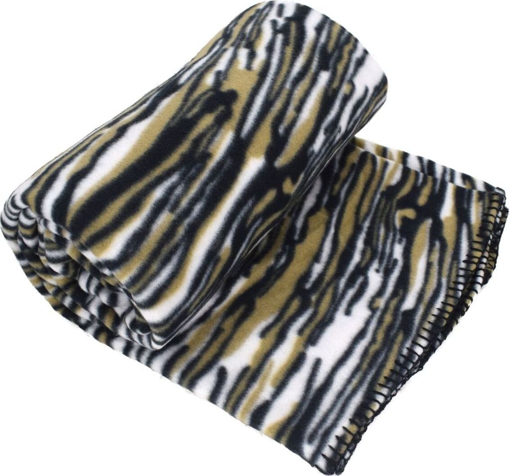 A rolled-up fleece blanket with a wild cat pattern.