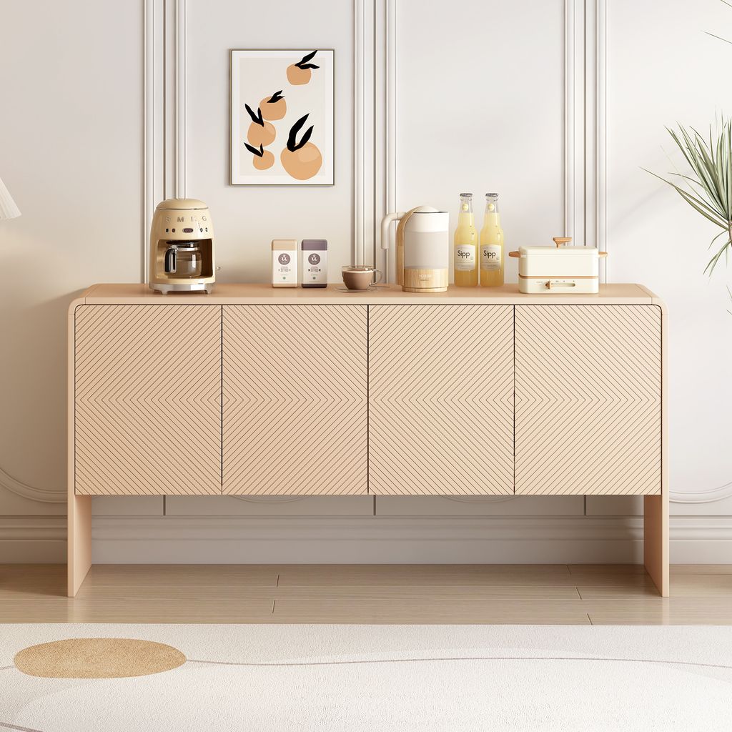 A modern sideboard with decorative doors is displayed in a well-lit room, adorned with a framed artwork and various kitchen appliances and bottles on its surface.
