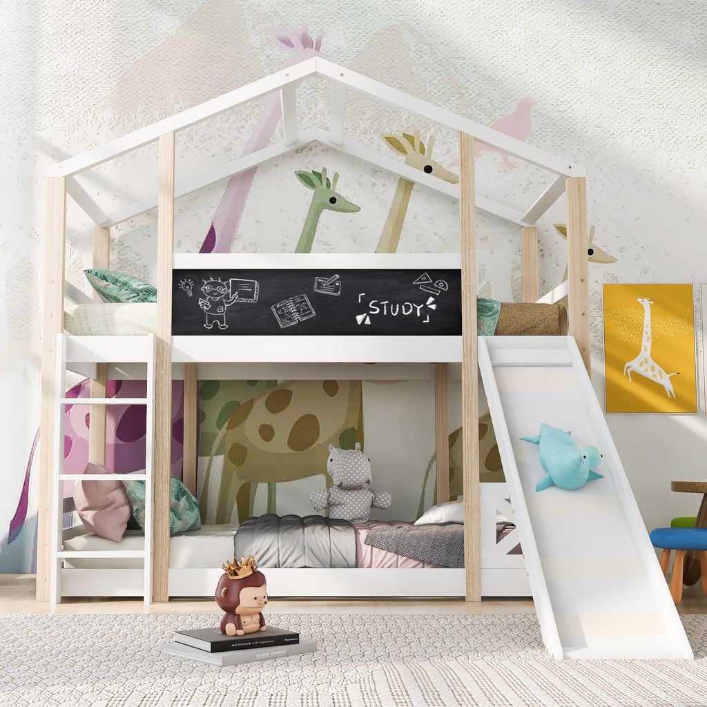 Sweiko Kinderbett Baumhaus mit Rutsche & Leiter 90 x 200 cm, Hochbett für Kinder– 2x Lattenrost- Natur & Weiß